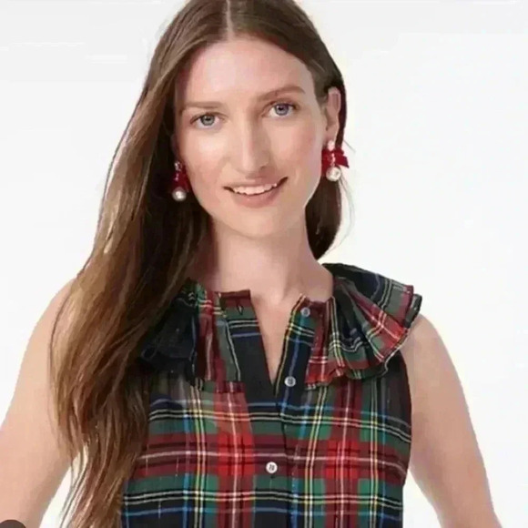 J. Crew Sleeveless ruffle-collar top in black Stewart tartan - Picture 1 of 11